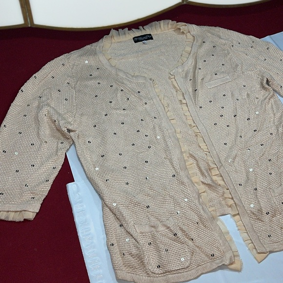 Colleen Lopez BEIGE tan shiny knit hook Cardigan sweater ruffles 3/4 sleeves 3X - Picture 9 of 15